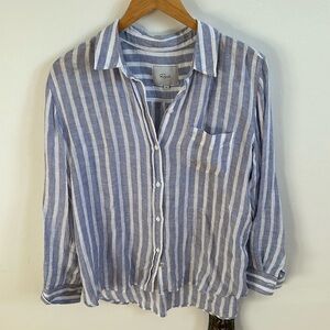 Linen blend blue stripe button down
